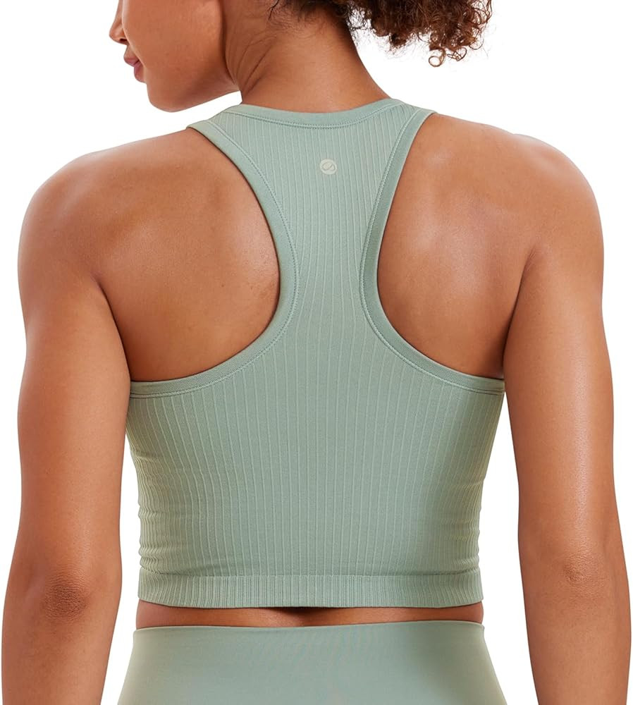 CRZ YOGA Womens Seamless Ribbed Longline High Neck Sports Bra - Racerback Padded Slim Fit Crop Ta... | Amazon (US)
