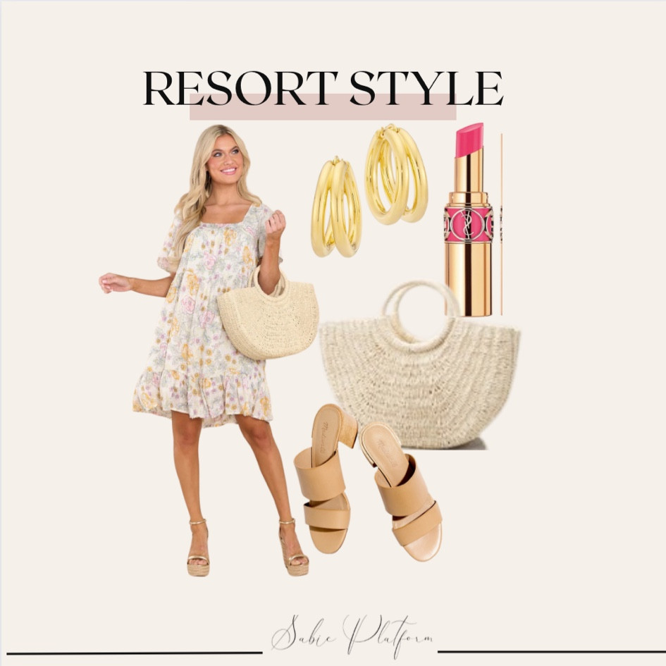Red dress | spring dress | floral dress | resort style dress | nude sandals | woven tote | hoop earrings | Ysl lipstick | beauty must haves | sabic platform | summer | spring break | spring | travel | travel outfit inspo | 

#LTKstyletip #LTKtravel #LTKFind