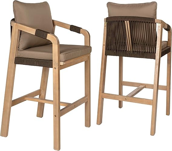 JONATHAN Y BSL1200C-SET2 Porto Modern Coastal Tub Roped Acacia Wood Outdoor Bar Stool with Cushio... | Amazon (US)