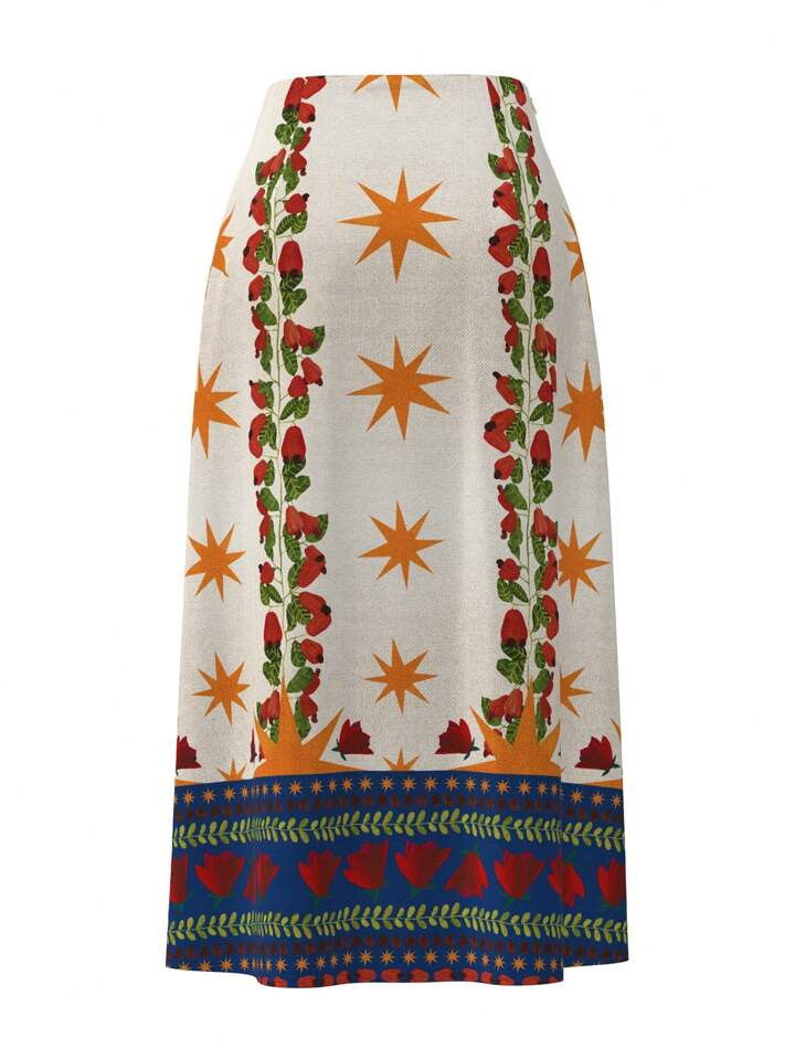 Juliana Glenda Saia Com Fenda Na Barra, Estampa Impressa Em Padrão | SHEIN