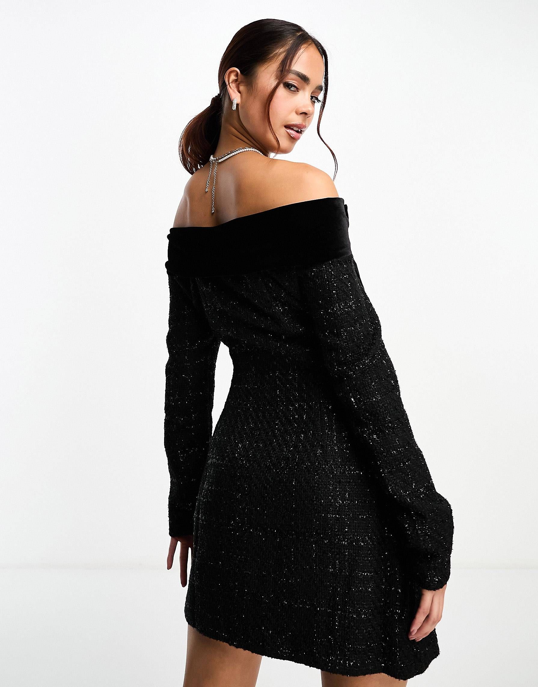 Miss Selfridge bardot boucle mini dress with velvet trim in black | ASOS (Global)
