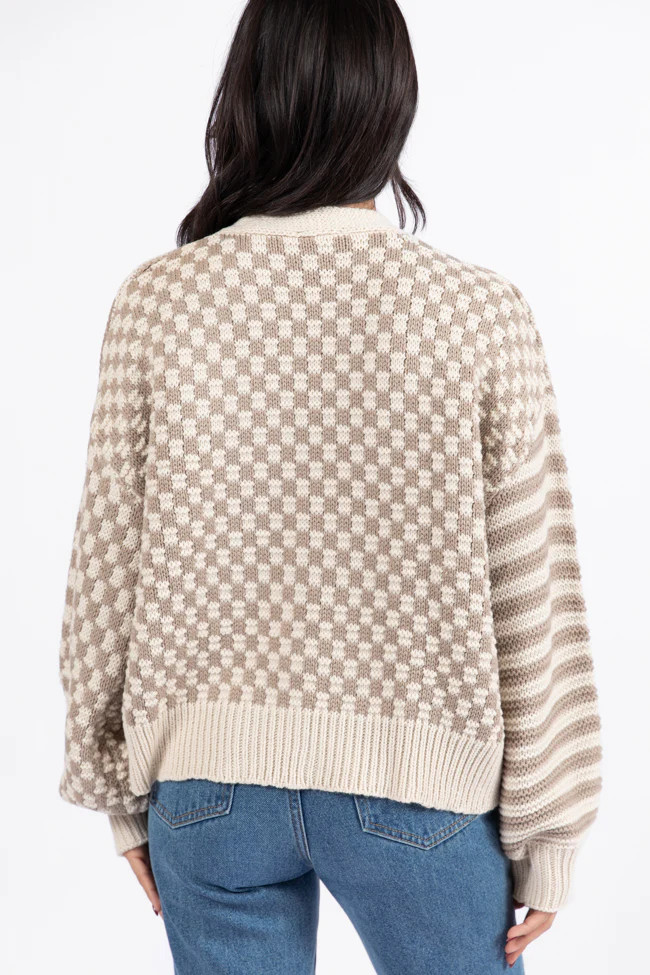 Time To Waste Beige Checkered and Striped Cardigan DOORBUSTER | Pink Lily