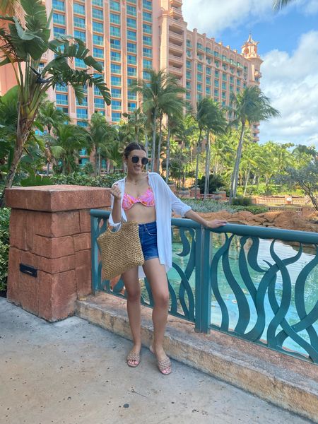 Tropical honeymoon outfit day 1 

pink bikini, swimsuit coverup, vacation outfit, dad shorts, braided sandals, sunglasses 

#LTKswim #LTKunder50 #LTKtravel