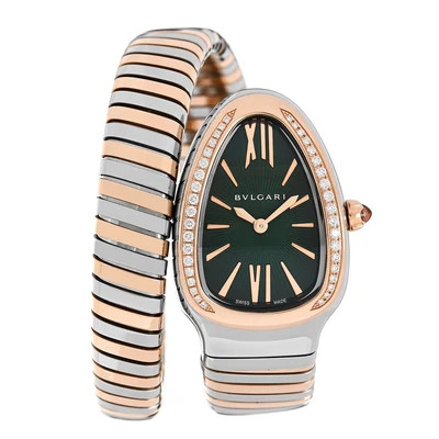 Stainless Steel 18K Rose Gold Diamond Bezel 35mm Serpenti Tubogas Quartz Watch Green | FASHIONPHILE (US)