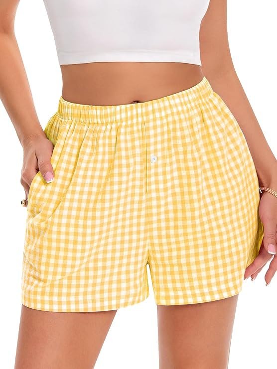 Boxer Shorts for Women Summer Gingham Pajama Casual Plaid Shorts Y2K Beach Bottoms with Pocket | Amazon (US)