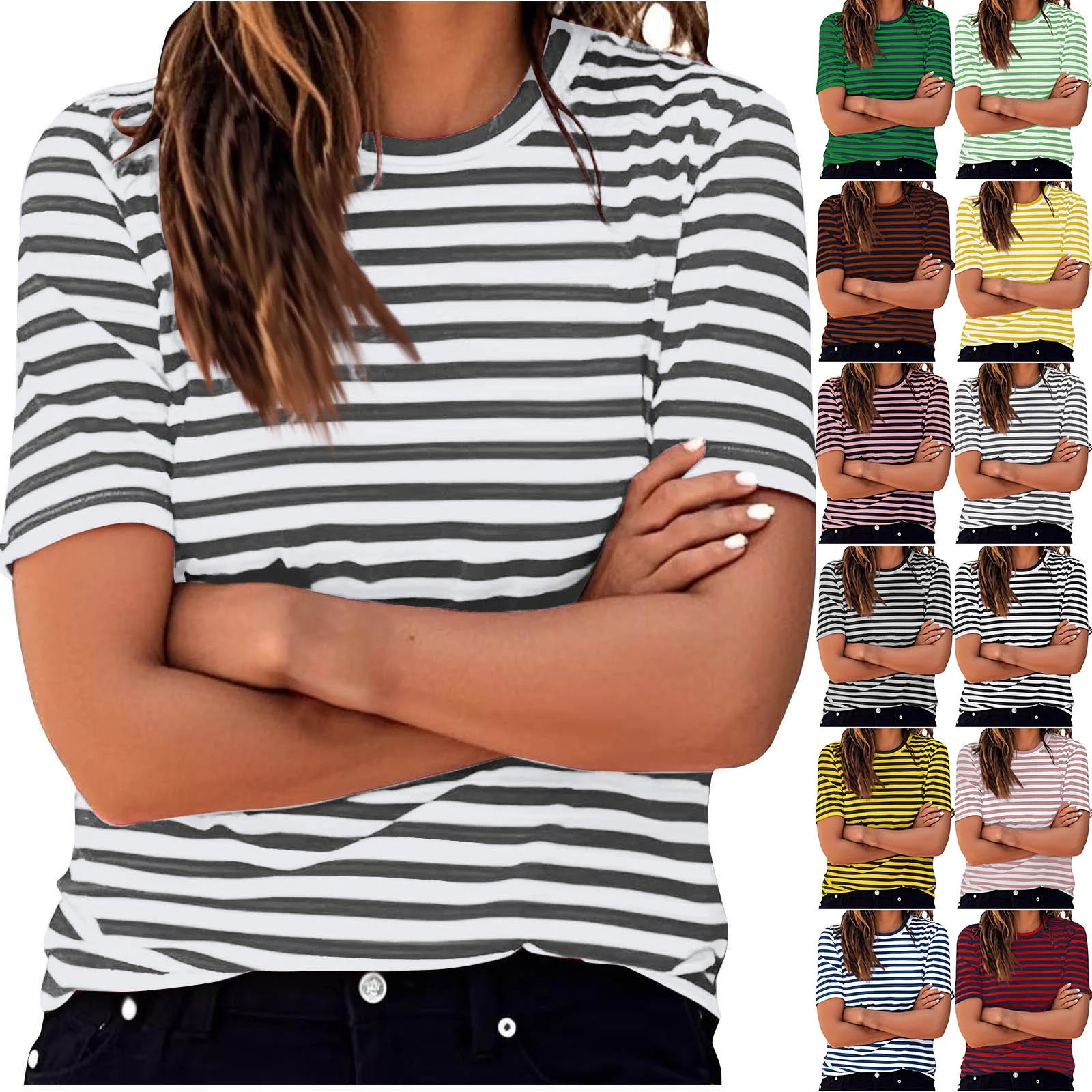 Women's Striped Shirts Summer Short Sleeve Loose T-Shirts Crew Neck Stripe Print Tunic Top Casual... | Walmart (US)