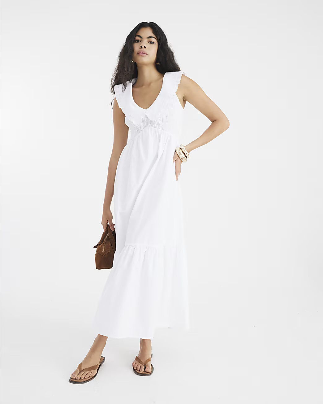 White Ruffle Collar Shirred Maxi Dress | River Island UK & IE