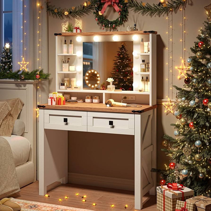 EnHomee Small Vanity Desk with Mirror and Lights, Makeup Vanity Table with 2 Drawers, White Vanit... | Amazon (US)