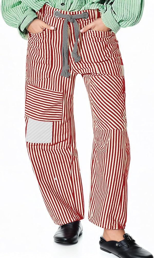 Barrel Jeans for Women Striped Drawstring Patchwork Pants Wide Leg Boyfriend Denim Pants | Amazon (US)