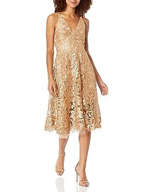 Dress the Population Women's Blair Plunging Fit and Flare Midi Dress | Amazon (US)