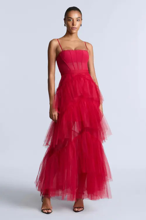 bcbg Oly Tiered Ruffle Tulle Evenin in Chilli Pepper at Nordstrom, Size 4 | Nordstrom