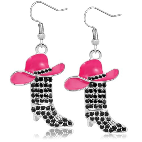 Rhinestone Western Boots Earrings Cowgirl Cowboy Enamel Hat Bohemian Rodeo Boot Drop Dangle Earrings for Women,Black Crystal,Silver & RoseRed Hat | Amazon (US)