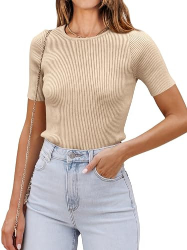 PRETTYGARDEN Womens Tops 2024 Summer Crewneck Short Sleeve Ribbed Knit Top Casual Solid Color Slim Fitted Basic T Shirts(Beige,Medium) | Amazon (US)