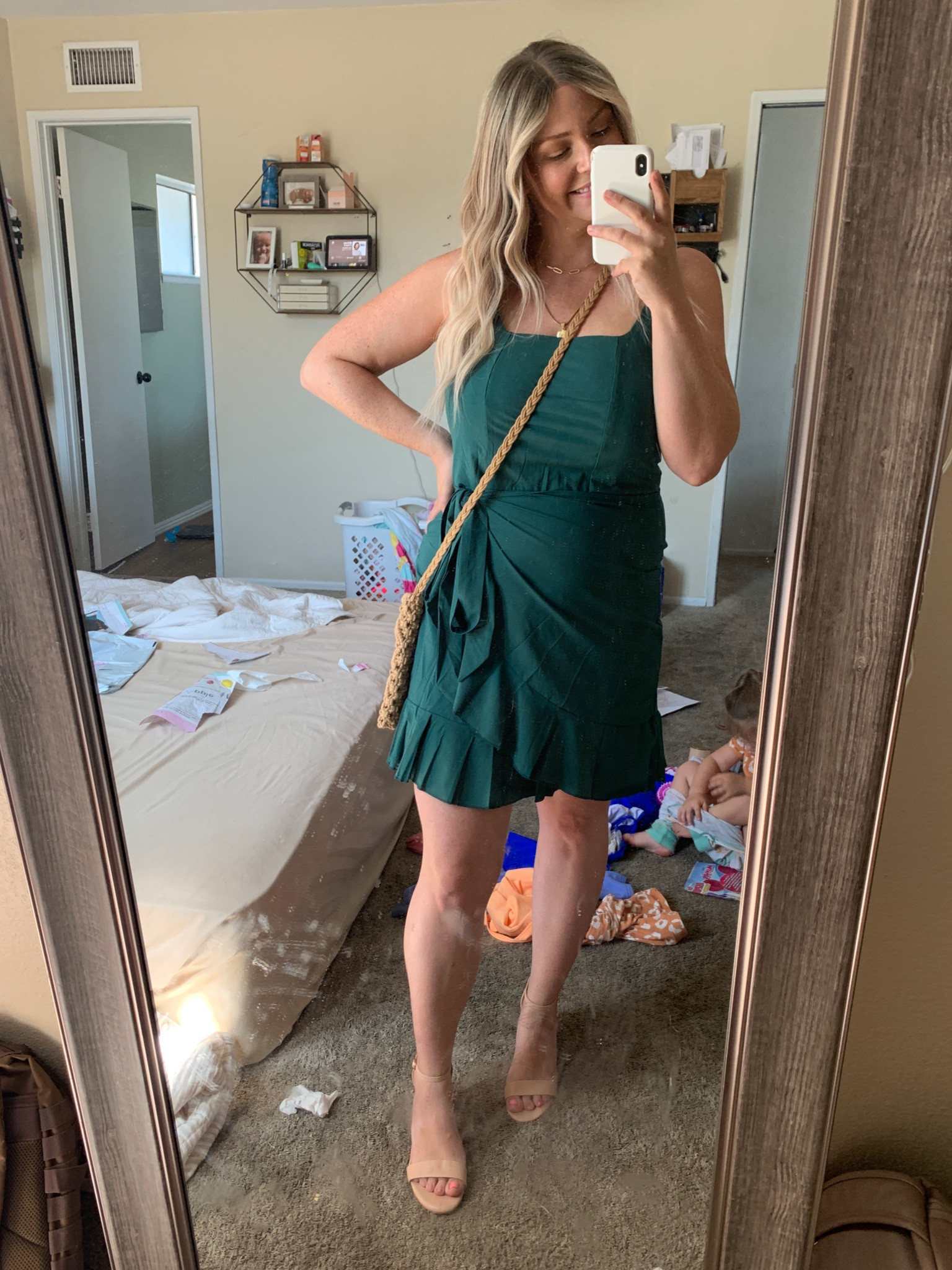 color deep green in dress wearing a large but could’ve sized dow it’s very stretchy. heels are color nude and bag is color khaki 

#LTKSeasonal