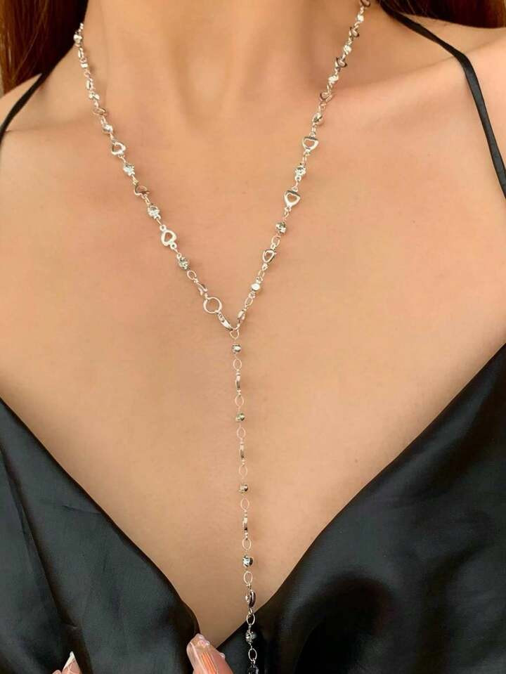 1pc Hollow Out Heart & Rhinestone Decorated Y-Shaped Chain Necklace In Gold/Silver Color, Great F... | SHEIN