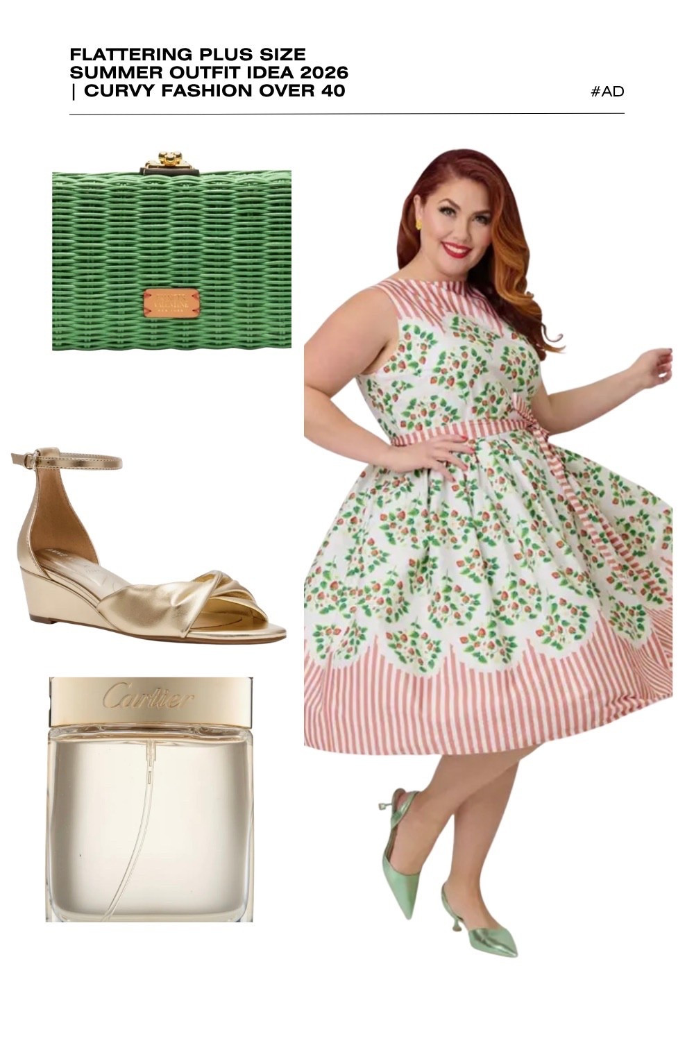 tep into summer with this charming strawberry print plus size outfit idea for 2026! This flattering fit and flare dress is a premier choice for curvy fashion over 40, featuring a vintage-inspired neckline, a waist-defining belt, and a playful scalloped hem with pink stripes. The breezy A-line silhouette makes it the perfect summer garden party outfit or afternoon tea look.
We’ve styled this whimsical fruit-print dress with a vibrant green wicker clutch and elegant gold metallic wedge sandals to add a touch of glamour. To complete the sophisticated vibe, we’ve paired it with the timeless, airy scent of Cartier Baiser Volé. Discover how to style retro summer prints for curvy figures this season. #PlusSizeFashion #StrawberryDress #SummerOutfits2026 #CartierPerfume #CurvyStyle #RetroFashion #CottagecoreAesthetic