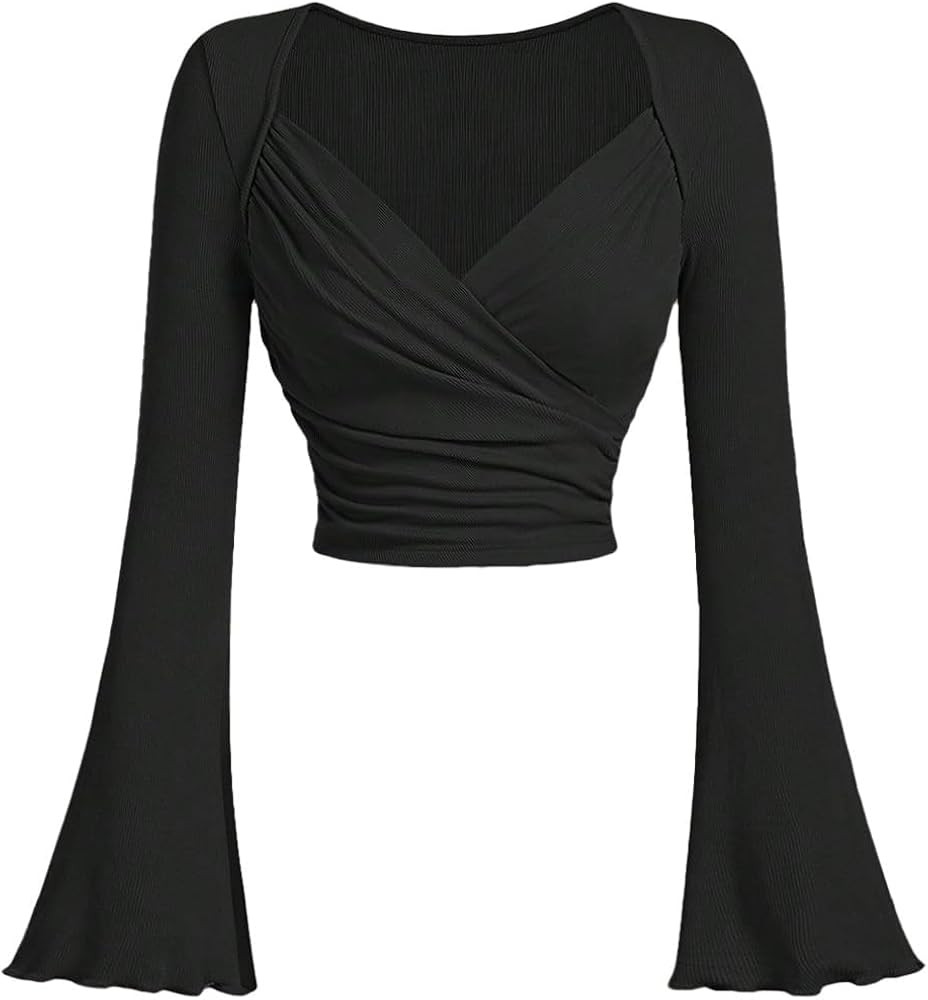 Floerns Women's Wrap Sweetheart Neck Bell Sleeve T Shirts Ruched Rib Knit Crop Tops | Amazon (US)