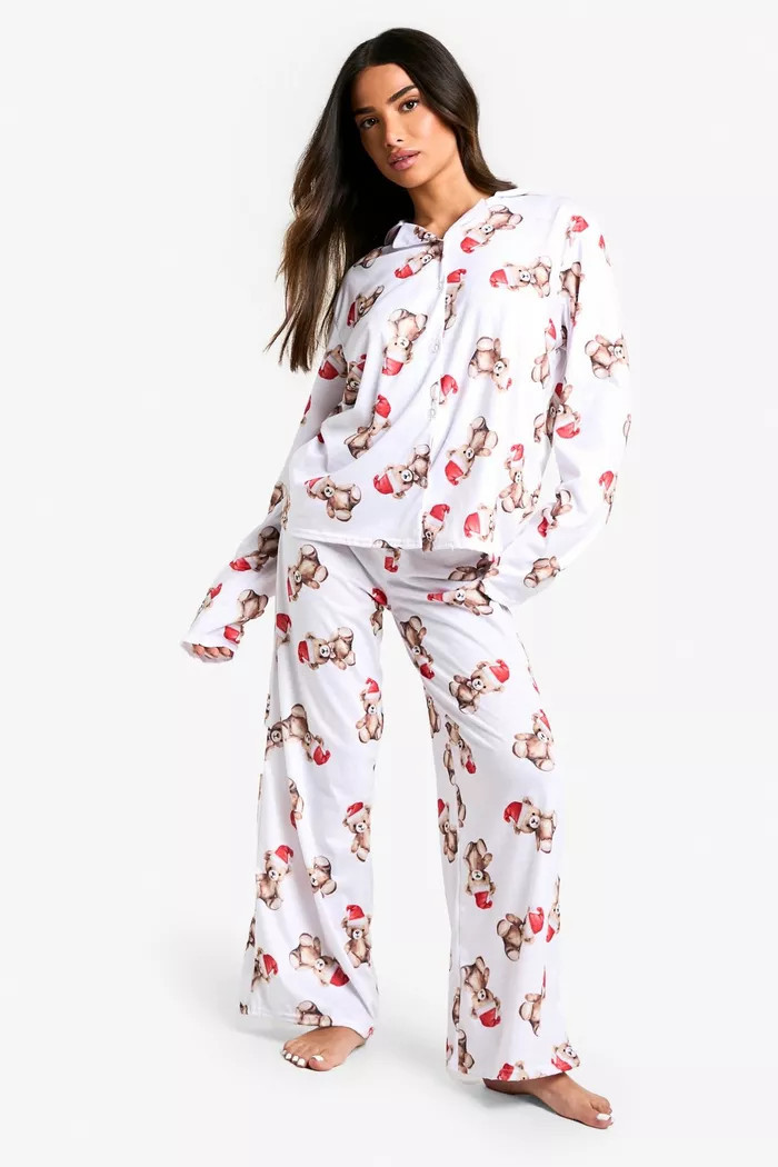Petite Christmas Bear Print Pyjama Set | Boohoo.com (UK & IE)