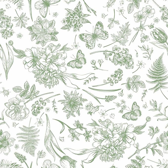 Peel and Stick Wallpaper Floral White Green Flower Contact Paper Butterfly Boho 78.7" x 17.3" Rem... | Amazon (US)