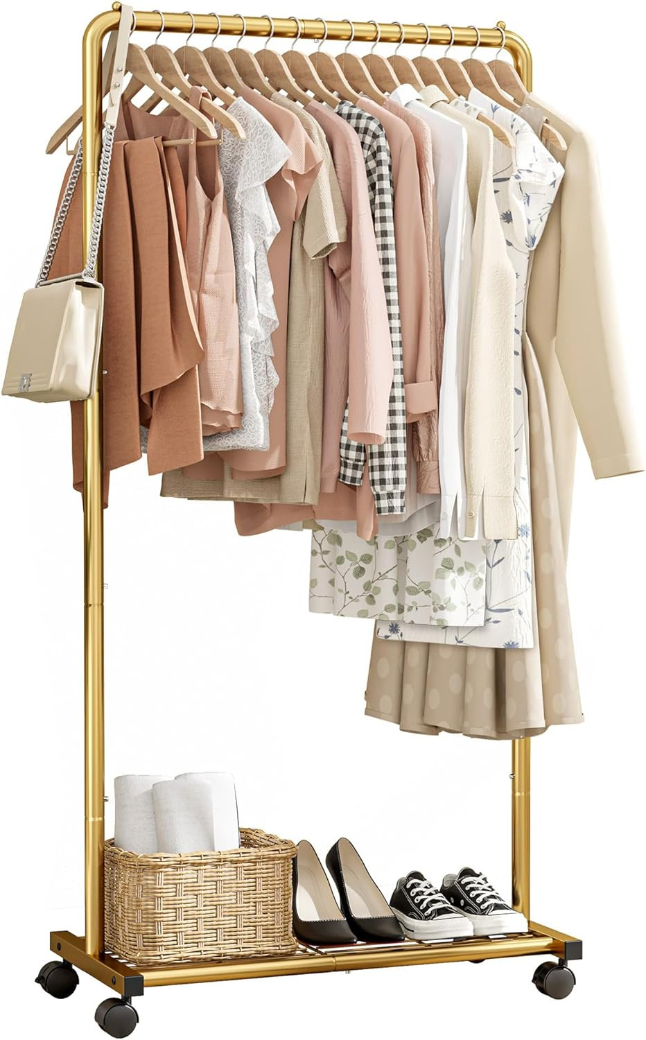 Clothes Rack - Clothing Rack with Storage Mesh Shelf & Casters, Heavy-Duty Metal Clothing Rack for Hanging Clothes, Dresses, Coats, Large Load Capacity, Easy Assembly, Gold, 28.0"x16.9"x59.0" | Amazon (US)