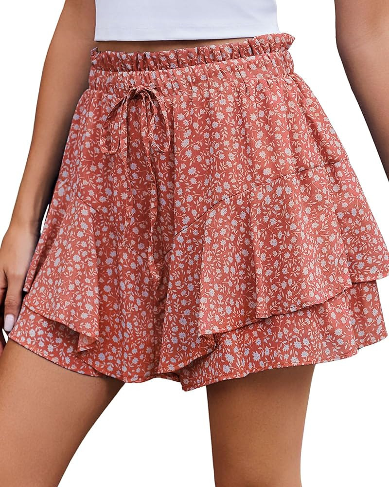 Flowy Shorts for Women Casual Boho Floral Skorts Ruffle Mini Skirts Running Tennis Butterfly Shor... | Amazon (US)