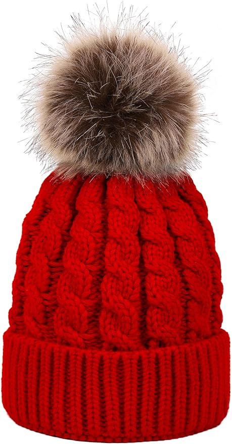 Simplicity Womens Winter Beanies Hand Knit Faux Fur Pompoms Beanie Hats | Amazon (US)
