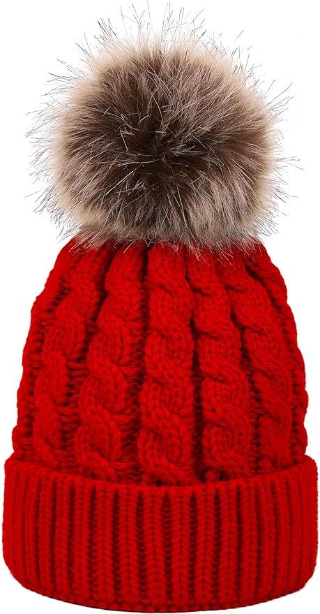 Simplicity Womens Winter Beanies Hand Knit Faux Fur Pompoms Beanie Hats | Amazon (US)