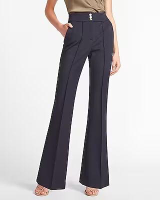 High Waisted Gold Button Ribbed Flare Pant | Express