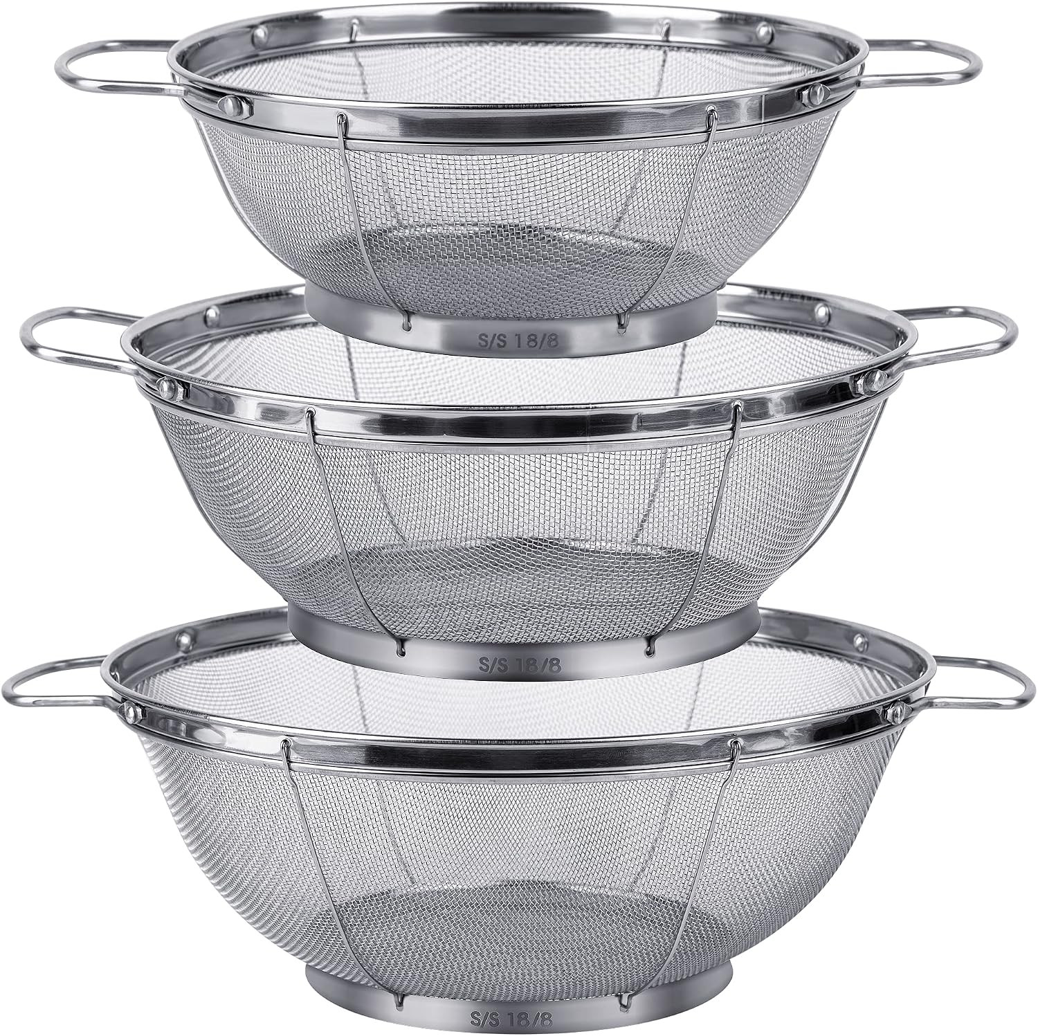 3 Pack 18/8 Stainless Steel Colander Sieves(5-Quart, 4-Quart and 3-Quart), Mesh Strainer Net Baskets with Handles & Resting Base for Strain, Drain, Rinse or Steam | Amazon (US)