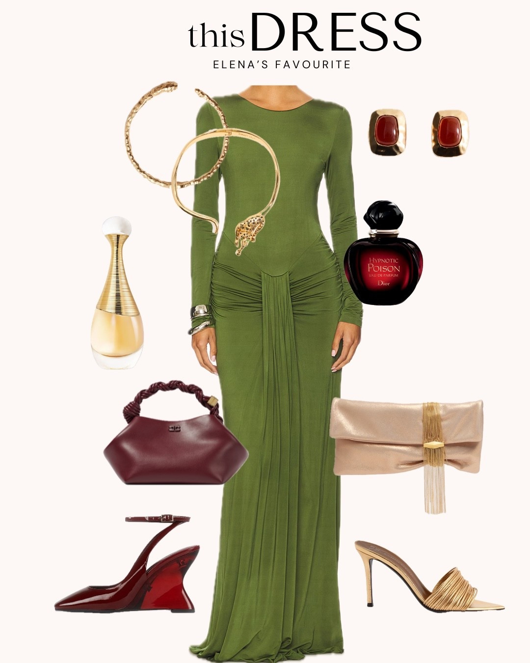 This stunning green dress is a lesson in sophisticated style. The way this dress sculpts the silhouette is simply magical. 

The final touch: the power of an accent color. Do you pair it with the warm, luxurious glow of gold? Or the deep, romantic drama of burgundy? Both choices create a completely different vibe 🐍✨

#LTKeurope #LTKpartywear #LTKdatenight