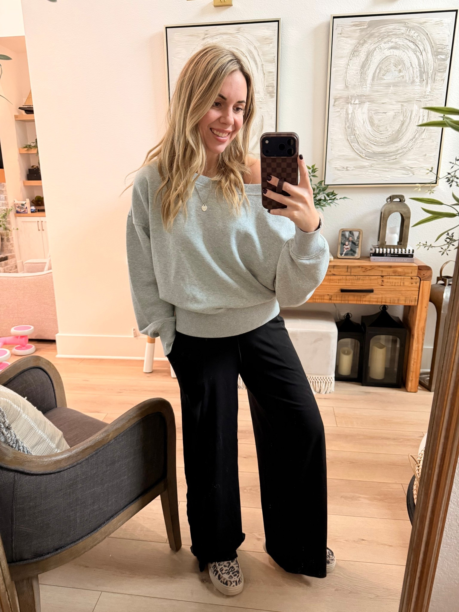 Wide leg trouser leggings and off the shoulder sweatshirt from aerie are TTS. The top is a medium though(I’m norm a small) because that’s all they had and it still works! My pants are a size small. Leopard Hey dude’s are also TTS but if between sizes size down. I’m an 8-8.5 and 8 fits. 

#LTKmomlife #LTKootd