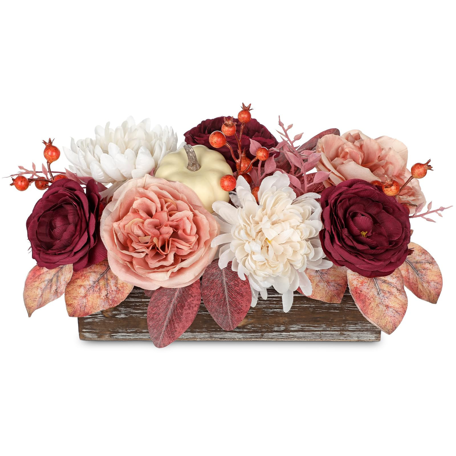 AOIZGMY Fall Decor Autumn Harvest Pumpkins Centerpiece Artificial Rose Chrysanthemum Flowers Berries Arrangement in Wooden Box for Thanksgiving | Lowe's