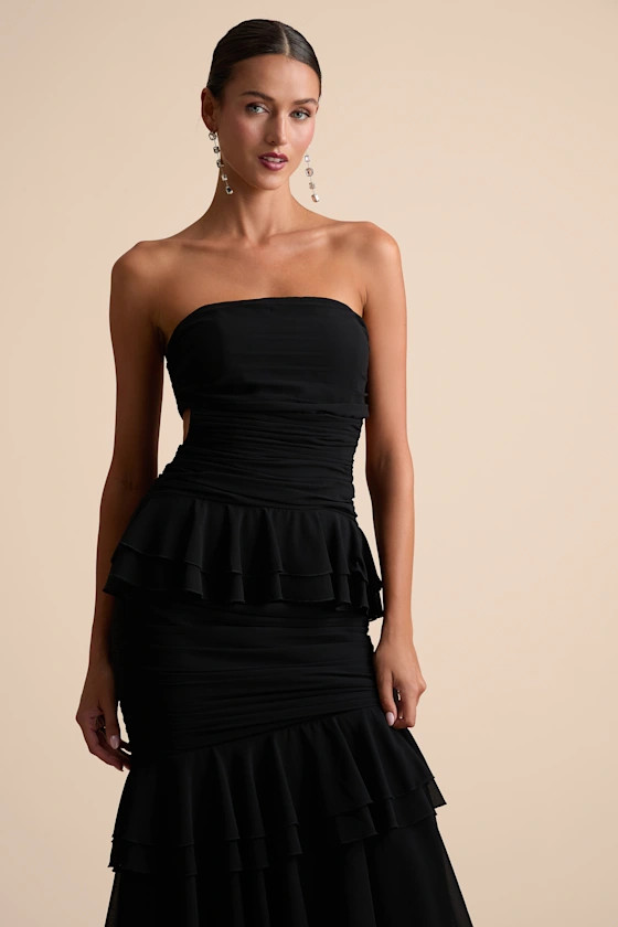 Loni Black Strapless Ruffled Maxi Dress | Lulus