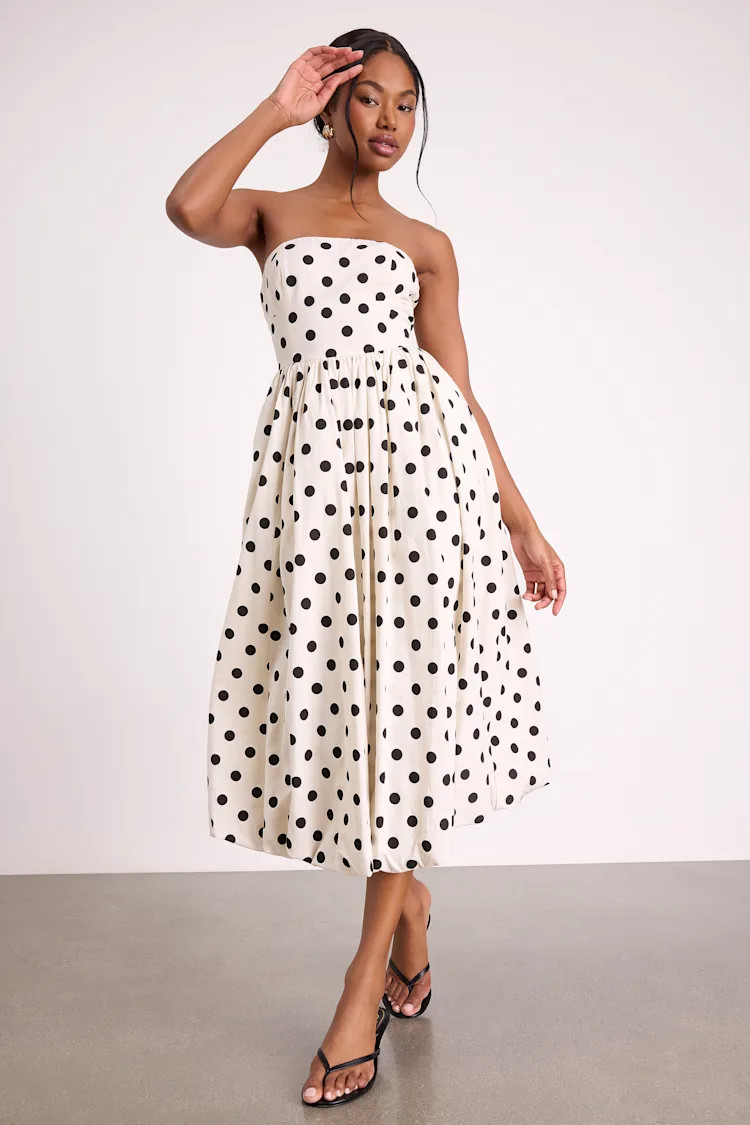 Terrance Ivory Polka Dot Strapless Bubble-Hem Midi Dress | Lulus