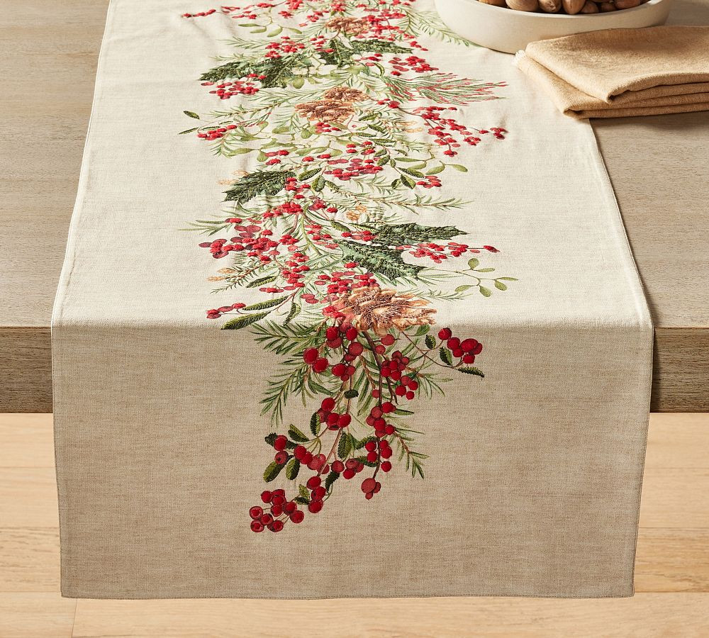 Holly Berry Embroidered Cotton/Linen Table Runner | Pottery Barn (US)
