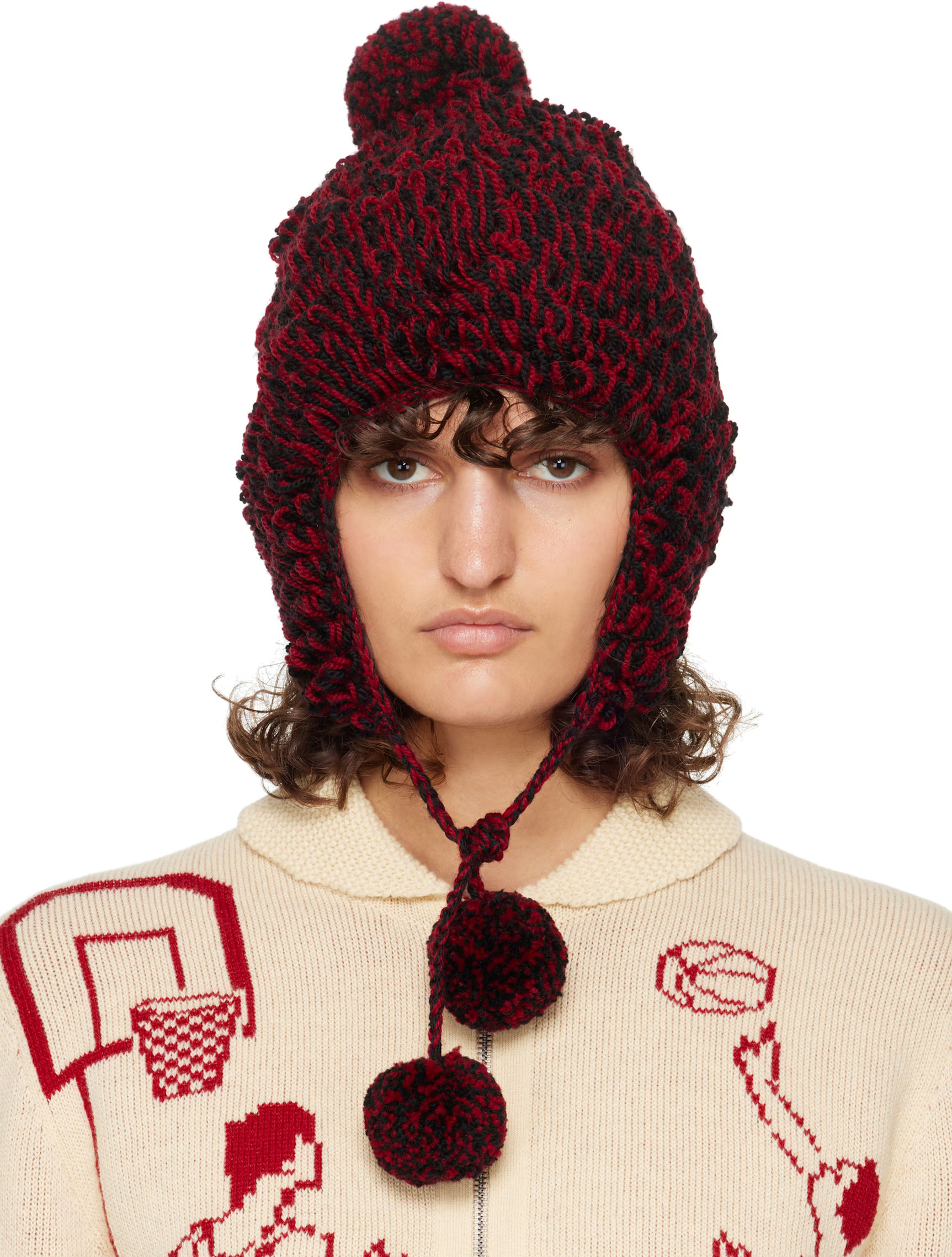 Red & Black Loopy Tassel Beanie | SSENSE