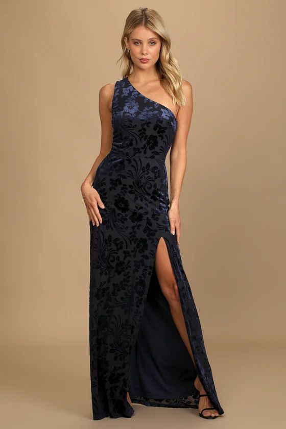 Marvelous Moi Navy Blue Burnout Velvet One-Shoulder Maxi Dress | Lulus (US)