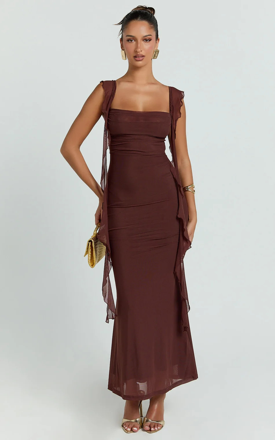 Ruffle Strap Dress in Chocolate | Showpo (US, UK & Europe)