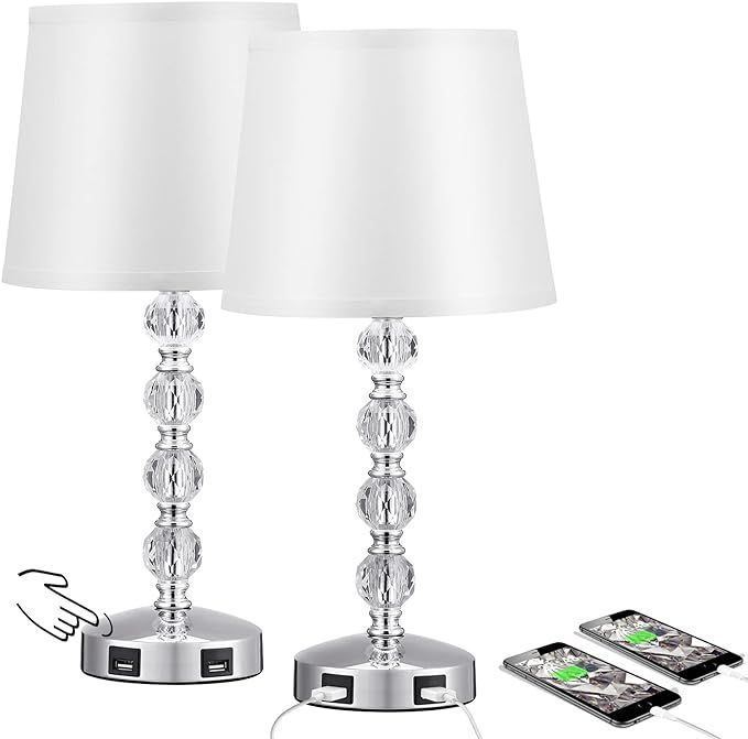 Acaxin 17'' Cute Crystal Table Bedside Lamp Set of 2 with 2 USB Charging Ports, 3 Way Dimmable, S... | Amazon (US)