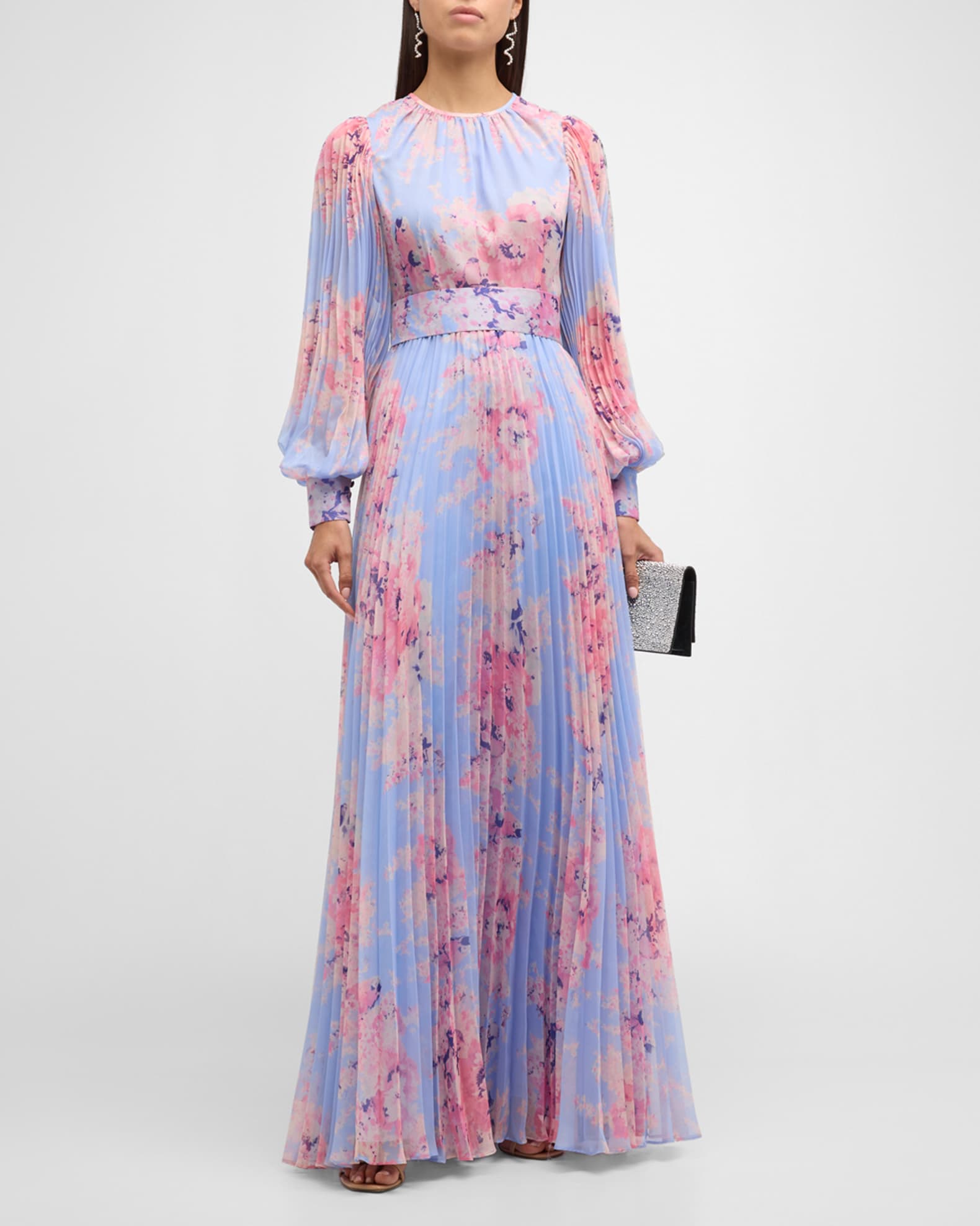 Pleated Floral-Print Blouson-Sleeve Gown | Neiman Marcus