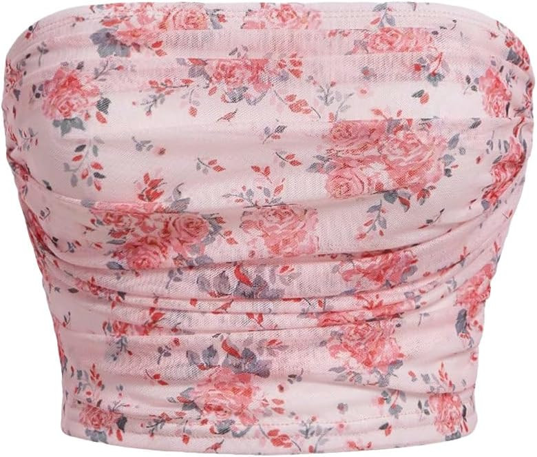 MakeMeChic Women's Boho Ditsy Floral Print Crop Tube Top Ruched Sleeveless Slim Fit Cropped Bande... | Amazon (US)