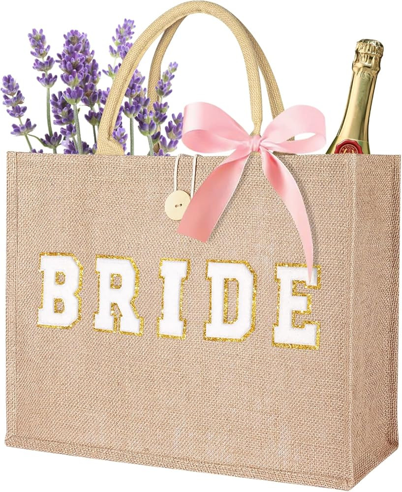 JUSTOTRY Bride Bag - Bride to Be Gifts Natural Jute Large Tote Bag with Webbed Handles Utility Pe... | Amazon (US)