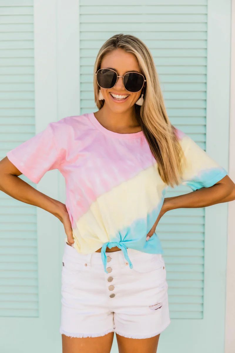 I'm Fashionably late Tie Dye Tee Pink/Yellow FINAL SALE | The Pink Lily Boutique