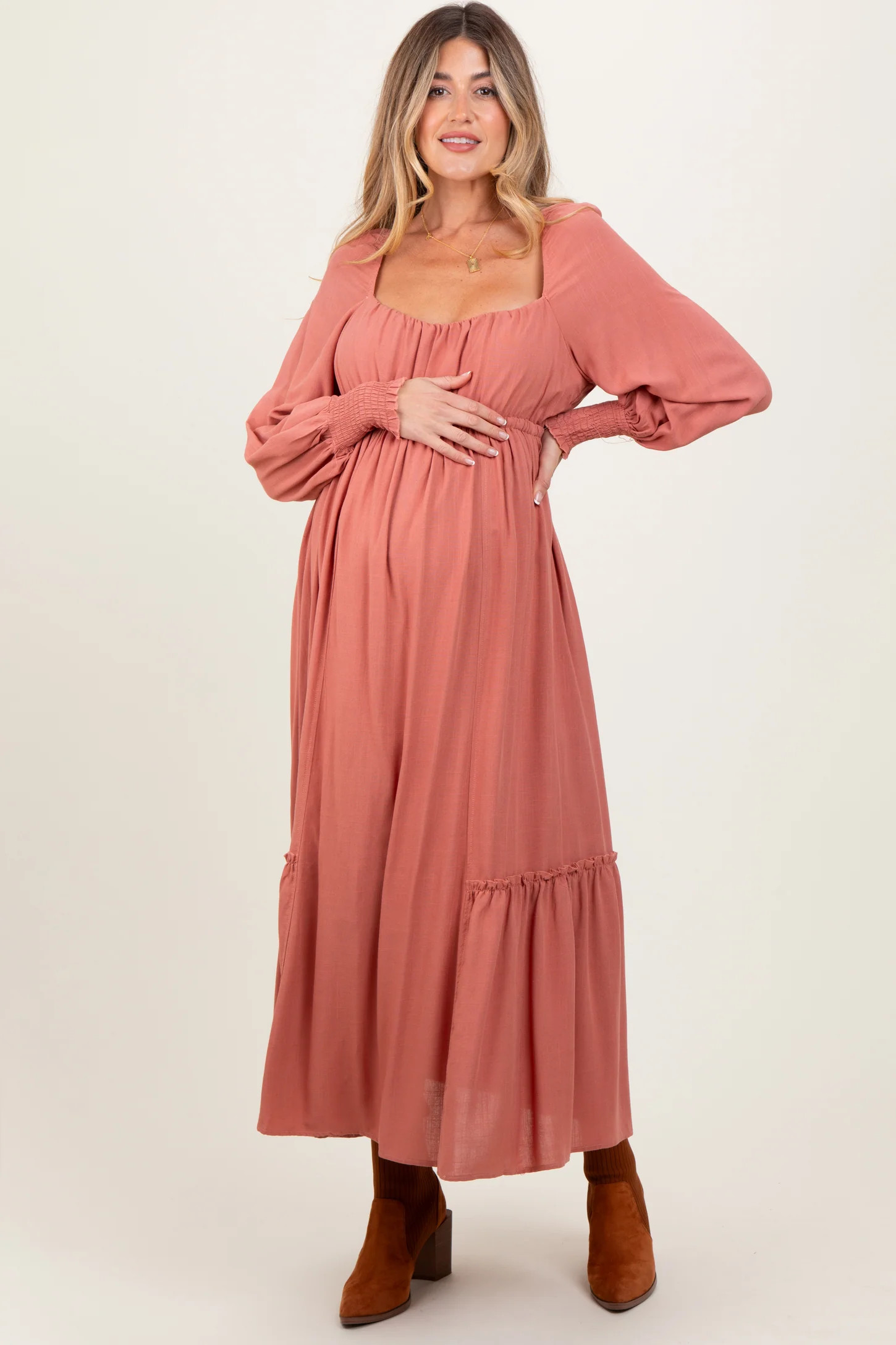 Mauve Square Neckline Bubble Sleeve Maternity Maxi Dress | PinkBlush Maternity