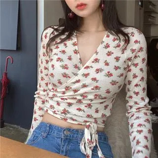Long-Sleeve Floral Print Wrap Crop Top Floral - White - One Size | YesStyle Global