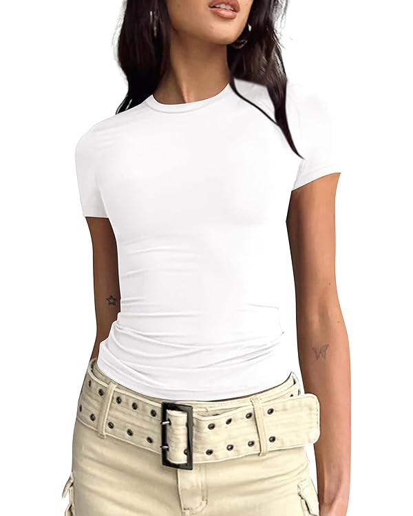 Women’s Basic Slim fit Crop Top Tee Shirt Short Sleeve Workout Round Neck Cropped Tshirt | Amazon (US)