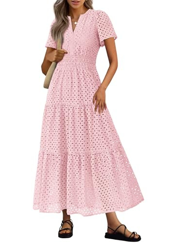 PRETTYGARDEN Womens 2026 Summer Maxi Dress Short Sleeve V Neck Hollow Out Eyelet A Line Long Flow... | Amazon (US)