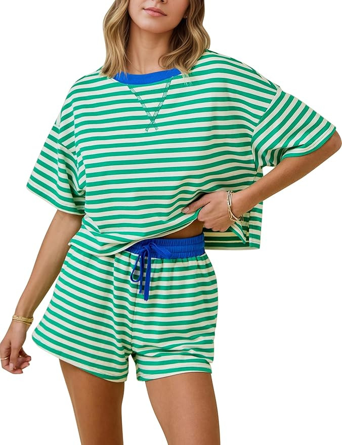 MISSACTIVER Womens Lounge 2 Piece Sets Summer Striped Matching Pajamas Set Short Sleeve Oversized... | Amazon (US)