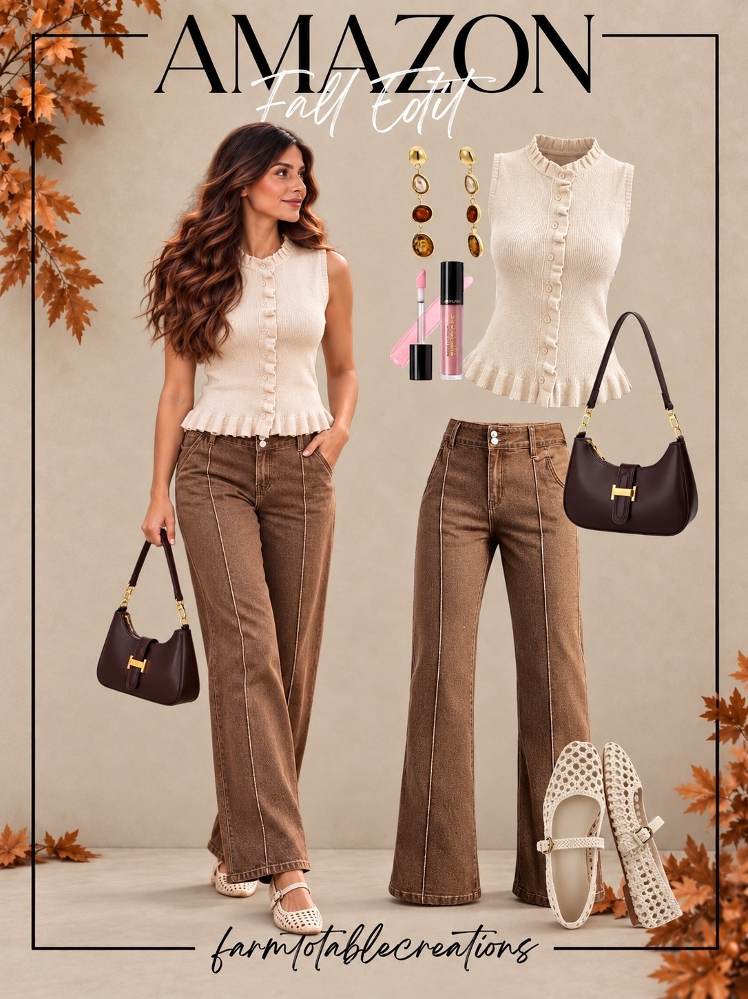 Amazon Fall Day Date Outfit 🍂🤎

This Amazon fall day date outfit is such a pretty mix of feminine and casual. The cream ruffle knit top softens the look, while the warm brown wide-leg jeans bring in that perfect autumn color. Add the chocolate shoulder bag, neutral Mary Jane flats, gold statement earrings, and a soft pink gloss for an easy polished finish.

I love this for a coffee date, lunch, strolling a fall market, winery afternoon, or any casual date when you want to look put together without feeling overdressed.

Follow @farmtotablecreations on Instagram for more cozy home finds and trending decor.

#LTKStyle #LTKFashion #AmazonFashion #AmazonFinds #AmazonStyle #FallDateOutfit #DayDateOutfit #FallFashion #CasualDateOutfit #WideLegJeans #NeutralStyle #BrownOutfit #AutumnStyle #FeminineStyle #FallOutfit

#LTKOver40 #LTKSeasonal #LTKmomlife