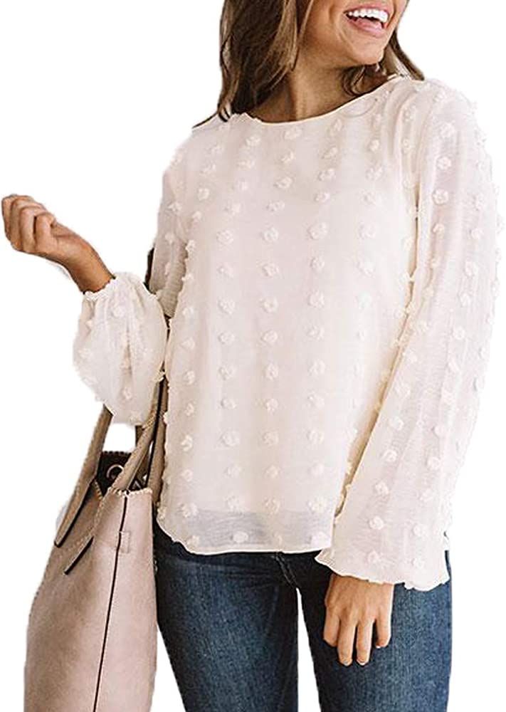 Womens Chiffon Blouse Swiss Dot Casual Round Neck Long Sleeve Pom Pom Shirts Back Keyhole Tops | Amazon (US)